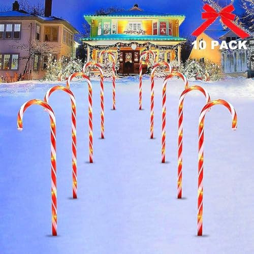 Zuckerstangen Lichterkette Außen Dekorationen,10 Stück Weihnachten LED Zuckerstange Beleuchtete Zuckerstangen Lichter Weihnachtsweg Marker, Weihnachtssbeleuchtung für Garten Weihnachtsdeko Außen