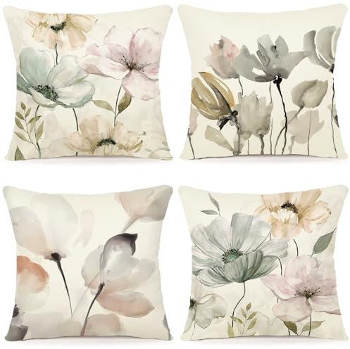 ZWJD Blumen Kissenbezug 50x50 4er Set Outdoor Kissen Dekokissen Leinen Kissenhülle Kissenbezüge Florales Aquarellgemälde Kissenhüllen für Sofa Wohnzimmer Zierkissen 50x50cm