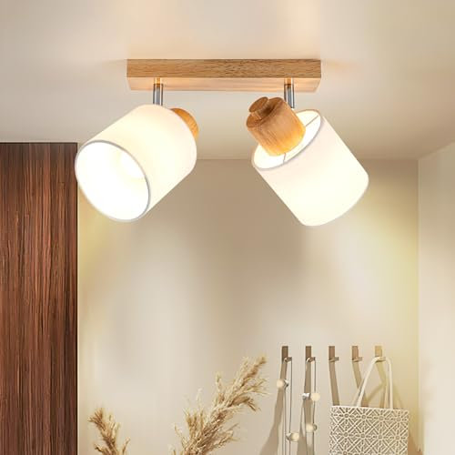 Doughelec Plafonnier Spot de Plafond 2 Spot Orientables, Bois Éclairage de Plafond Luminaire Intérieurs Vintage E14 Murale Applique pour Salon Chamre Cuisine Salle à manger 230V, Sans Ampoules