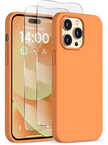 COFFKER Designed for iPhone 14 Pro Max Case, Liquid Silicone Case [2X Screen Protectors], Shockproof Slim Thin Protective Phone Case with Soft Anti-Scratch Microfiber Lining, 6.7 inch, Orange
