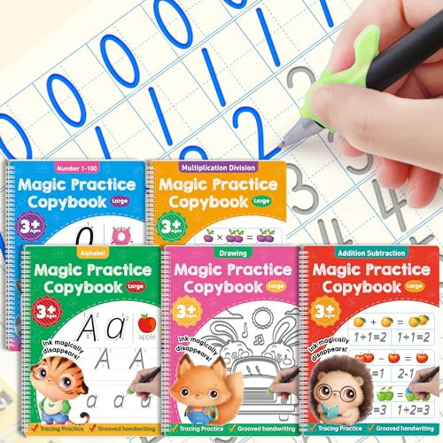 Magic Grooved Handwriting Practice Books, Large Reusable Copybooks for Children, Learn to Write Number Letter Tracing Workbook, Learning Resources for Kids Age 3-8 Kindergarten Preschool Calligraphy