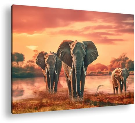 Leinwandbild Elefanten im Sonnenuntergang, Wasserreflexionen Format: 120x80 cm XXL Kunstdruck Bild auf Keilrahmen/Wandbild/Wohnzimmer Deko