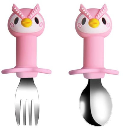 TNSRAY Kinderbesteck Baby Besteckset, 2 Stück Eule Baby Kleinkind Silikon Edelstahl Utensilien Besteck Löffelgabel Für BPA Kostenlos mit hält Anti Choke Design, Für Baby Kleinkind Esslernbesteck, rosa