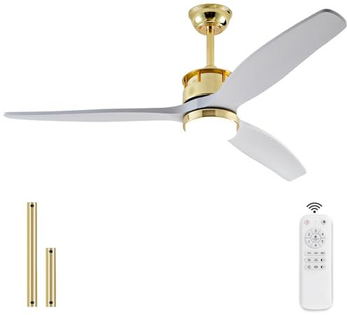BOJUE Ventilador de Techo de 132 cm con Luz LED Regulable y Control Remoto, Aspas de Madera para Interior/Exterior, 3 Hojas, 6 Velocidades Silencioso, para Sala, Dormitorio, Patio
