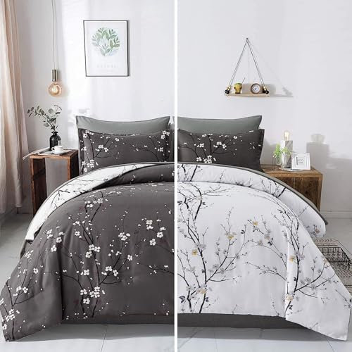 Freyamy Housse de Couette Floral 240x260+2 Taie d'oreiller 65x65cm Gris Foncé Fleurie Imprimé Parure de lit 2 Personnes Adulte Fleurs Sets de Housse Couette en 100% Microfibre avec Fermeture Éclair