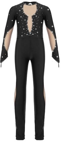 Yruioon Kinder Turnanzug Mädchen Gymnastikanzug Ganzkörper Trikot Mesh Patchwork Ballettanzug Langarm Eiskunstlauf Body Sport Overall Jumpsuit Schwarz 158-164
