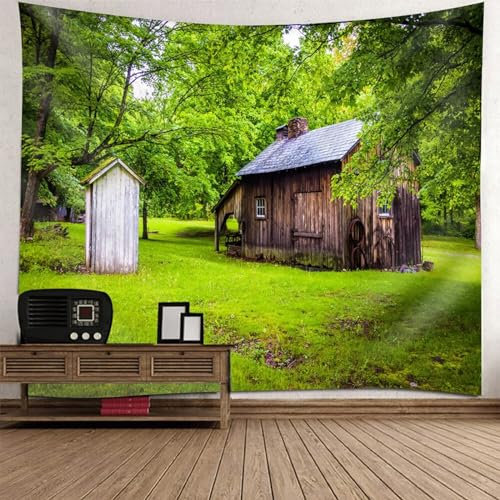 Epinki Wandteppiche Grün Braun, Natur Landschaft Wandteppich Holzhaus Wandbehang aus Polyester, Heimdekorationen für Wohnzimmer Wohnheim Wanddeko, 150x150cm
