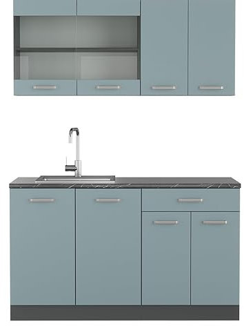 Vicco Singleküche R-Line, Küchenzeile Single, Blau-Grau/Anthrazit, 140 cm, AP Eiche