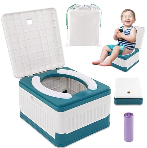 Lambluefly Pot Pliable Enfant Voyage, Pot Portable Enfant Voyage avec siège en PVC souple, Toilette Portable Enfant avec 15 Sacs Jetables & Sac à Cordon, Pot de Voyage adapté Aux Voyageant & Campant