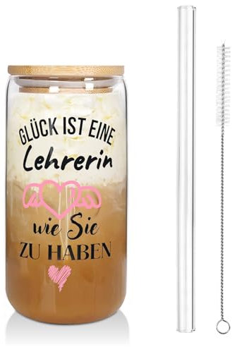 500ml Glas Trinkbecher mit Deckel und Strohhalm, Lehrerin Geschenk, Geschenke für Frauen Lehrerin Personalisiert, Abschiedsgeschenk Lehrerin Eiskaffee Gläser Geburtstagsgeschenk für Erzieherin