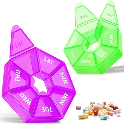 NICEIN®Tablettenbox 7 Tage-2 Stück Set,Morgens Abends Runden Pillendose,Tragbare und Feuchtigkeitsbeständiger Medikamentenbox,BPA-Freier Tabletten Organizer für Medikamente,Vitamine(lila+grün)