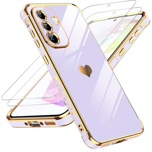 LeYi für Samsung Galaxy A36 5G TPU Handyhülle mit 2*Schutzfolie-Lila | Cute Herz Muster Flexibel Silikon Galvanik Stoßfest Schutzhülle Cover Case, Kameraschutz Kratzfest für Samsung A 36 5G Hülle