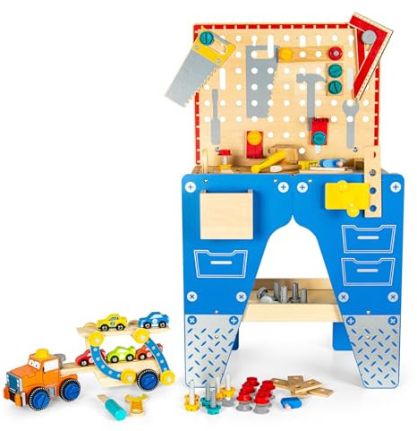 leomark Banco da Lavoro in Legno per Bambini, Tavolo da Lavoro con Attrezzi L'officina, Giocattolo, Panca degli Attrezzi, Costruzione intellettuale Montessori + Rimorchio in Legno con un'auto.