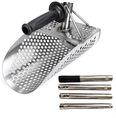 CNANRNANC Pala de arena de acero inoxidable con mango largo para detección de metales en la playa, práctico diseño desmontable, cribado de arena eficiente (4 secciones)