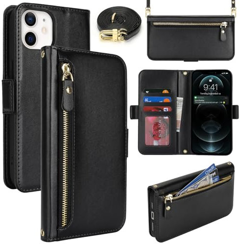 Lipvina Handyhülle für iPhone 12/12 Pro mit praktischem Band und Kartenfach - stilvolle Klapphülle mit Handykette aus hochwertigem Leder Hülle für iPhone 12/12 Pro - Schwarz