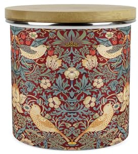 Purely Home Red Strawberry Thief Kitchen Storage Canister - Morris Inspired Floral Tapestry Artwork - Large Enamel Tea/Coffee/Sugar Storage Container