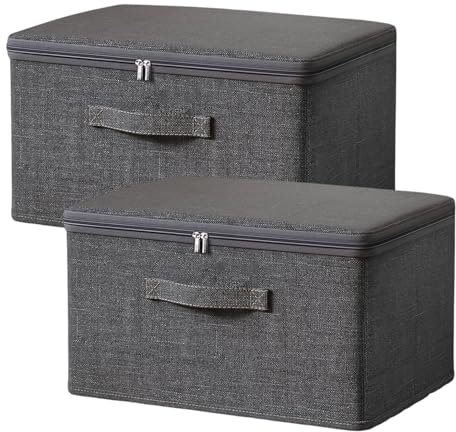 Exquilnova 2 Stück Aufbewahrungsbox mit Deckel Stoff, stapelbare Faltbox mit Reißverschluss, Kisten Aufbewahrung mit Deckel mit Griff für Bettdecken, Kleidung (M:38 x 25 x 16 cm)