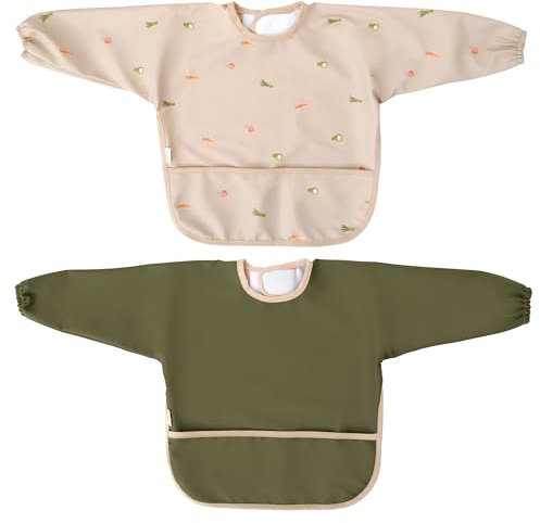 MIMUSELINA | 2er-Set Wasserdichte Baby-Ärmellätzchen | Mit Elastischen Bündchen und verstellbarem Verschluss | Perfekt für Beikost, Spielen und Kita (Grün)