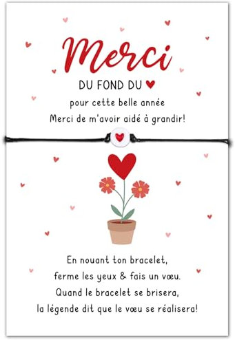Cadeau Nounou Atsem Bracelet Perle avec Cordon Bracelet Réglable Coeur Rouge et Carte de Vœux Merci du fond du cœur Carte Remerciement Bracelets Porte-bonheur pour Femme Fille Fête Anniversaire Noël