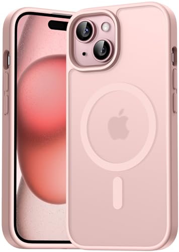 Natiiozie Magnetica Cover Compatibile con iPhone 15 Compatibile con MagSafe Custodia Traslucida Opaca Posteriore,Anti-impronta Resistente ai Graffi Protettiva Case Rosa