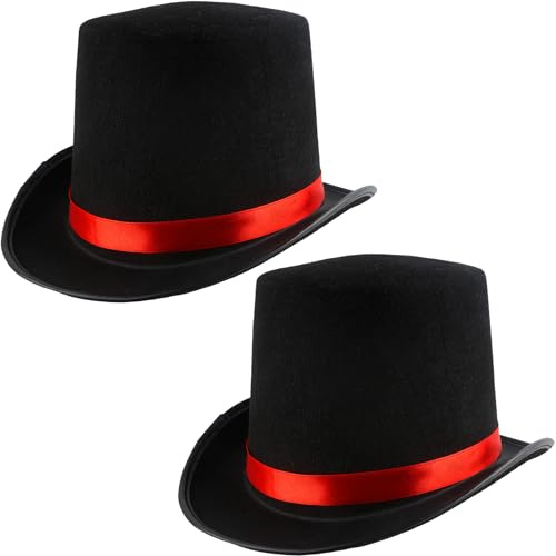 SGBETTER 2 Pcs Felt Top Hat Black Magician Hat High Top Party Hat with Red Band for Adult Kids Halloween Cosplay Party Dress Up (Black 1 - Adult Size)