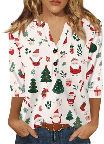 Oberteil Unterdamen Sportlich Grosse Grössen 4572 Ärmel Tshirt Stil Xmas Print Soft T Shirt Damenen V Neck