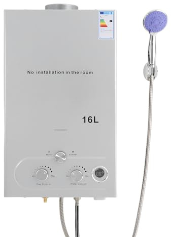 16L 32KW Flüssiggas Durchlauferhitzer LPG Warmwasserbereiter mit Überhitzungsschutz, Tankless Instant Heißwasserbereiter mit Duschkopf und Duschschlauch, für Camping/Wohnwagen/Garten