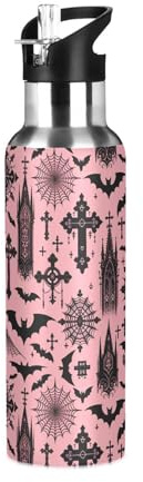 ALAZA Stainless Steel Water Bottle with Straw 600ml/20oz, Black Gothic Moon Spider Webs and Bats Insulated Drink Flask Gym Sports Water Bottle for Kids Adults Boys Girls, Leakproof
