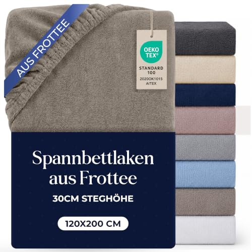 Dreamzie Spannbettlaken 120x200 Taupe - Frottee 80% Baumwolle, Oeko-Tex | Frottier-Spannbettlaken · 80% Baumwolle, 20% Polyester · 30cm Steg, elastisch · Waschbar 60°C · Oeko-Tex zertifiziert