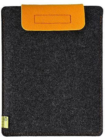 ALMWILD® Hülle iPad Pro 11 und 9.7, sowie iPad Air 4+5 10.9 und 9.7. Sleeve aus Filz in Schiefergrau. Verschlußlasche in Sonnengelb.