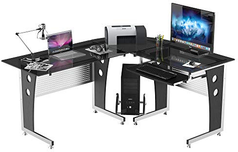 HOMCOM Mesa Esquinera PC Escritorio Ordenador Oficina Dormitorio Hogar Escuela Metal Madera Vidrio de Seguridad