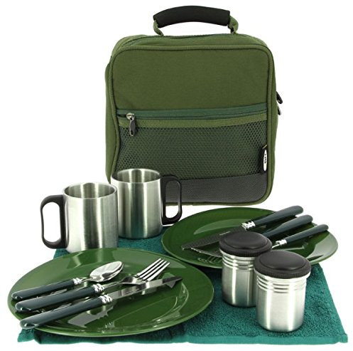 Deluxe camping cutlery set for two persons, 14 pieces, ideal for fishing or camping