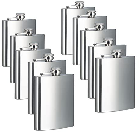 relaxdays 10x Flachmann, 200 ml Füllmenge, 7 oz Volumen, Taschenflachmann, Schraubverschluss, Edelstahl, Silber, HBT 12 x 9 x 2 cm