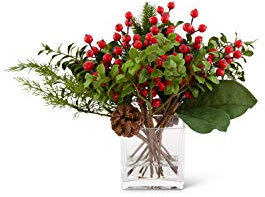 K&K Interiors 54201E 35,6 cm Magnolie Buchsbaum und Tanne vorgefertigt in Glasvase mit Beeren und Tannenzapfen, grün und rot