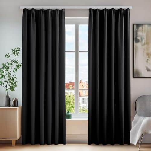 Deconovo Vorhang Blickdicht Gardinen Kälteschutz Schallschutz mit Kräuselband, 160x140 cm(HöhexBreite), Schwarz, 2er Set