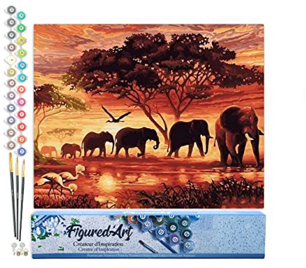 Figured'Art Peinture par Numéro Adulte Eléphants au Coucher du soleil - Activité Manuelle Kit de Loisir Créatif DIY Numéro d'Art Complet - 40x50cm sans châssis en bois