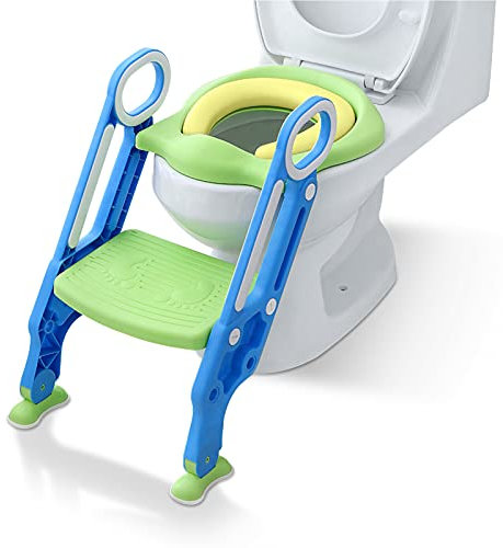 NAIZY Sedia da WC per Bambini con Scala Pieghevole, Regolabile in Altezza, Cuscino Imbottito in PU e Maniglie, Adatta a Bambini da 1 a 7 Anni, Blu e Verde