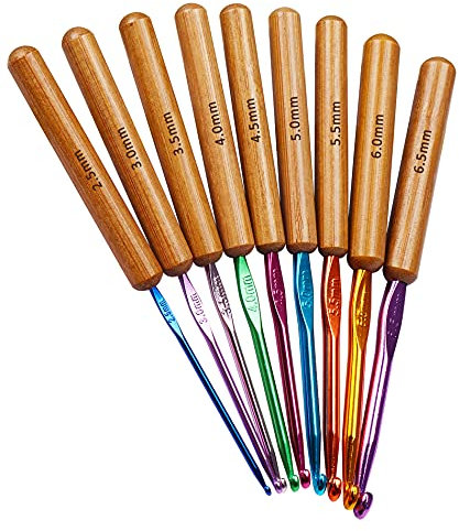 Coopay Runder Bambusgriff Häkelnadel Set, 9 Stück Ergonomisch Metall Häkelnadel mit Bambus Griff für Arthritische Hände, Leichte Lang Häkelnadeln Set für Anfänger & Kinder, Häkelnadelset 2,5mm - 6,5mm