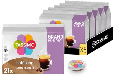 Tassimo, 105 Dosettes Café Long, Compatibles avec les machines TASSIMO, 105 Cafés Rond et aromatique, 5 packs de 21 dosettes