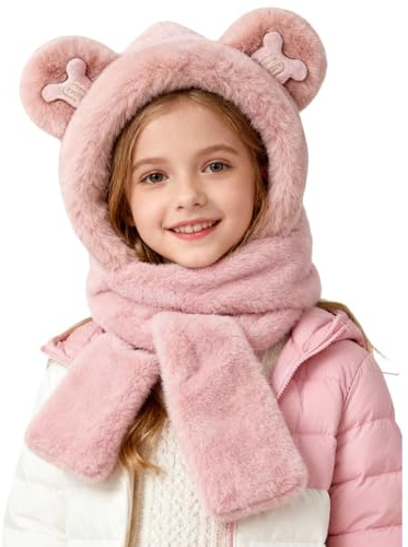 Enfant 3 en 1 Chapeau Écharpe Gant Set Hiver Bonnet en Peluche Mignon Chapeau Capuche avec Oreilles d'ours Casquettes Printemps Hiver Garçon Filles 5-12ans Multifonction pour Sports en Plein air