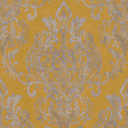 Barock- & Ornament-Tapete Vlies Barocktapete Gelb Tapete für Büro Diele/Flur | Gelb Grau | 10,05 x 0,53 m