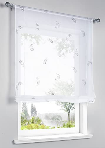 Devola Estor de voile transparente, cortina romana con plumas bordadas con barra, moderno, cortina de cocina, cortina lista para usar, ancho x alto, 100 x 140 cm, color blanco, 1 unidad