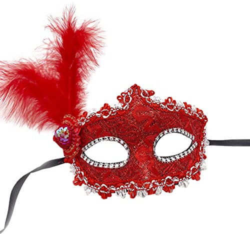 Jamron Damen Elegant Kostüm Maske mit Strass/Feder für Masquerade Party Abschlussball Halloween Karneval Rot SN070309