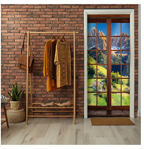 Türtapete Fensterblick 3D Landschaft Berge - 91x211 cm einteilig inkl. kleister - Türposter Vlies Fototapete für Tür Wohnzimmer Küche Badezimmer Türaufkleber Türfolie UV-Beständig Montagefertig