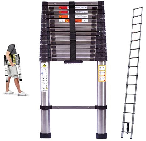 Heavy Duty Multi-Purpose Stainless Steel Telescoping Ladder - 3.8m, 330lbs Load Capacity, EN131 Certified, Compact & Portable