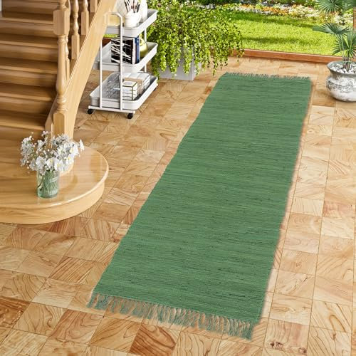 Pergamon Baumwolle Natur Teppich Flachgewebe Handgewebt Läufer Jolly Cotton Dunkelgrün in 6 Größen