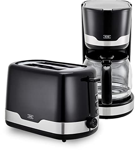 KHG 2-teiliges Set | Toaster 2 Scheiben mit Brötchenaufsatz, 7 Bräunungsstufen 850W | Kaffeemaschine 1,5 Liter Glaskanne für 12 Tassen mit Tropfstopp 1000W | Frühstücksset Schwarz, BPA Frei, Klassisch