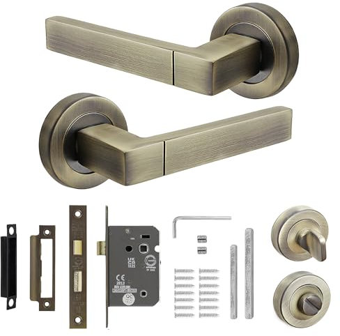 Decoranddecor Lumina Internal Square Door Handles Lever On 54mm Rose - Aluminium Antique Brass - Bathroom Lock Kit