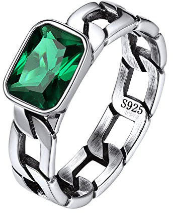 Bestyle Smaragd Damenring 925 Sterling Silber Herren Fingerring mit grünem Stein Panzerkette Ring Hip Hop Punk Ring Größe 62