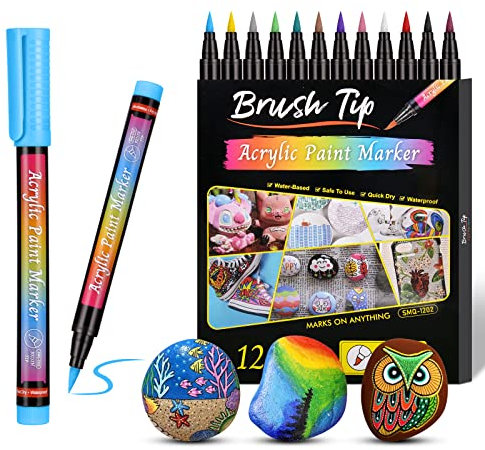 Vicloon 12 Farben Acrylstifte für Steine Wasserfest, Permanent Steine Bemalen Acrylstifte, Acrylmarker Set für Geschenkekarte, Stein, Keramik, Textilien, Kunststoff, Basteln (1-6 mm)